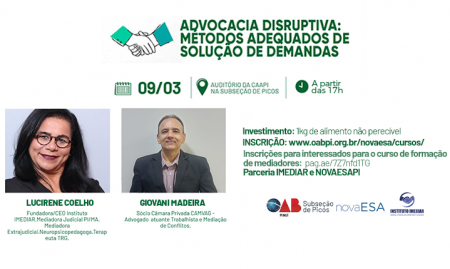 Curso de Advocacia disruptiva ocorrerá amanhã(9),na Caapi, na Subseção de Picos