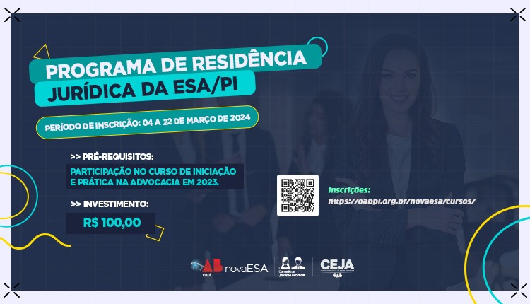 OAB-PI abre inscrições para Residência Jurídica com bolsa-auxílio e mentorias para Jovem Advocacia