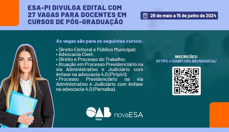 ESA-PI divulga edital com 27 vagas para docentes em cursos de pós-graduação